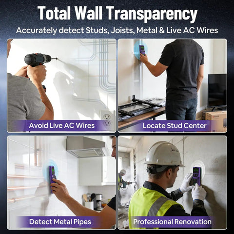 Heavy Duty 7 In 1 Wall Scanner Stud Finder With Cross Beam Laser Level And Bubble Vials For Deep Wood Metal Live Wire Detection in use on walls.
