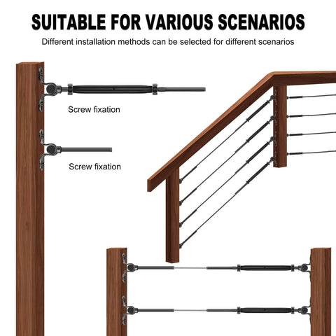 30 Pairs Stainless Steel Adjustable Angle One Eighth Inch Wire Rope Cable Railing Hardware Kit For Wood Posts With Beefy Swage Toggle Turnbuckles And End Fittings 316 Marine Grade 180 Degree Adjustable Base, installed on wood posts