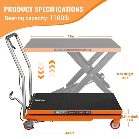 Rock Solid Hydraulic Lift Table Cart Featuring Single Scissor Platform designed to haul serious weight up to 1100Lbs with specs visible.