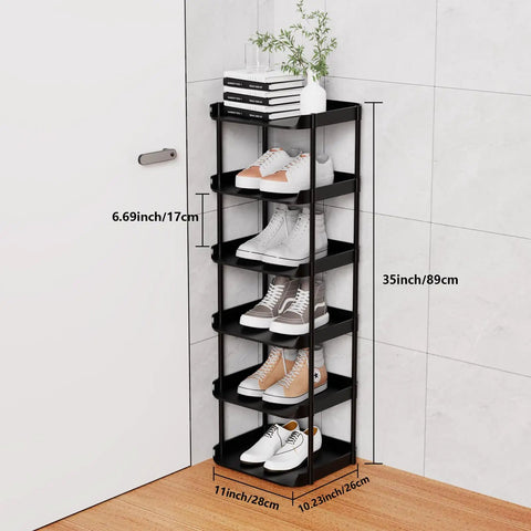 Slim 6 Tier Vertical Narrow Shoe Rack Stackable Tall Skinny Organizer For Tight Spaces, black, corner setup with shoes