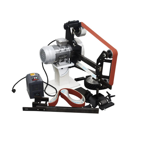 Rock Solid 2 By 71 Inch Variable Speed Belt Grinder With Three Flat And Rubber Grinding Wheels for knife sharpening and sanding.