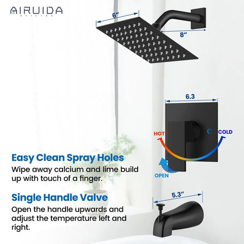 Hassle Free Matte Black Shower Faucet Set With Six Inch Rainhead And Tub Spout Solid Brass Rough In Valve All In One Bath Kit with valve shown