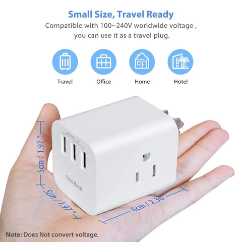 Travel Ready Three Outlet Extender With Three USB Ports And Built In Surge Protector shown in hand for size comparison