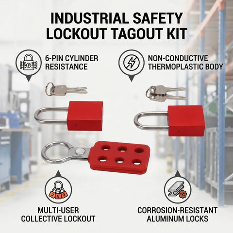 6 Hole Lockout Tagout Hasps for Group Gear Maintenance with non-conductive nylon handle and aluminum locks industrial safety kit