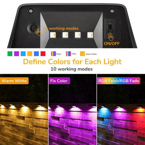 Image showing Eight Pack Solar Fence Lights With Warm White And RGB, 10 Lighting Modes, demonstrating various color modes on fences.
