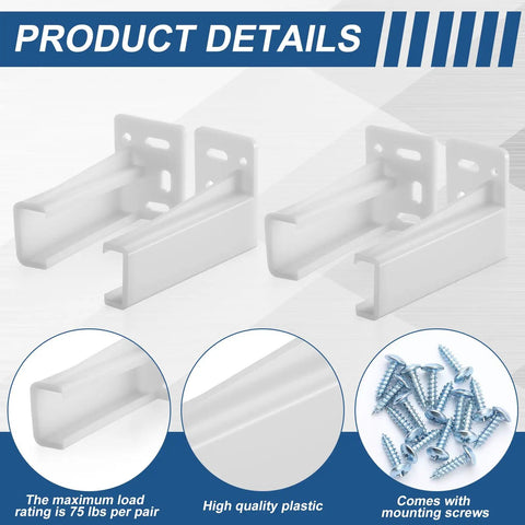 White Rear Drawer Track Socket Back Plates With Heavy Duty Mounting Brackets For Furniture And Cabinet Drawers, plastic, includes mounting screws.