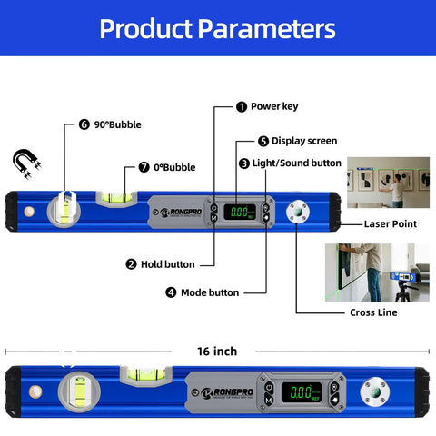 Heavy Duty Aluminum 16 Inch Digital Level With Glowing Cross Bubbles And Smart Light Trigger features labeled parts and display.