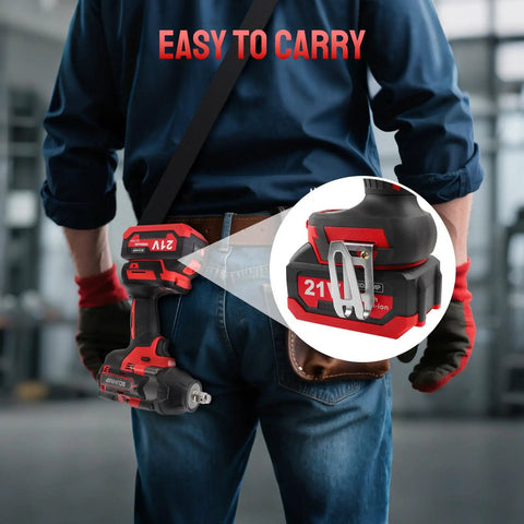 Straight Up Tough As Nails Cordless Impact Wrench 1/2 Inch Square Drive attached to a tool belt, easy to carry, with battery visible.