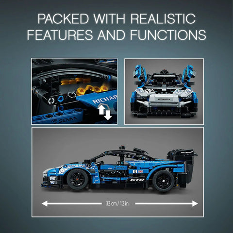 Technic McLaren Senna GTR 42123 Racing Collectible Model Car Build Kit showing engine, front view, and side view with measurements