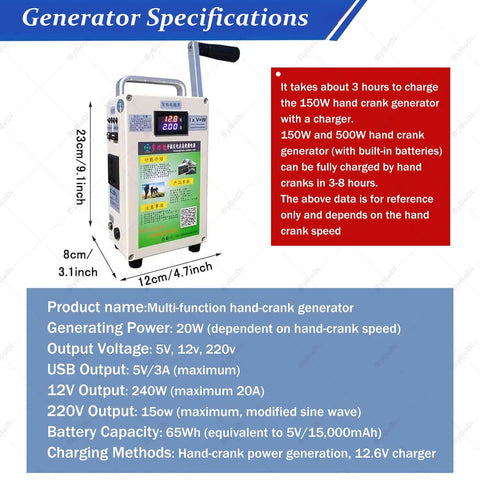 Portable Hand Crank Emergency Generator For Outdoor Survival On The Go With 150W Dynamo Power USB 5V 3A DC 12V Output 15000 MAh Battery 65Wh Manual Dynamo Power Station For Off Grid Camping And Emergencies, specifications displayed.