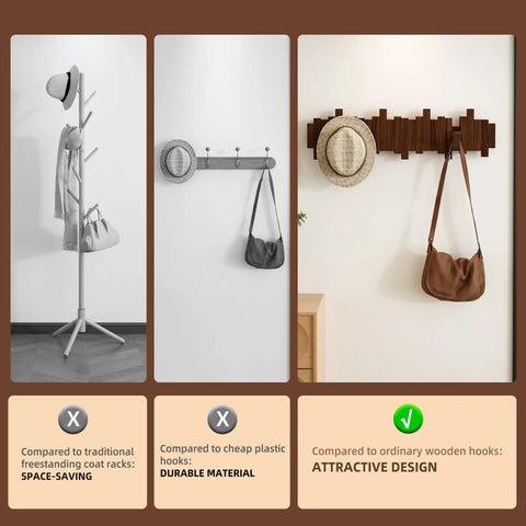 Natural Walnut Wooden Piano Coat Rack Wall Mounted With Eight Heavy Duty Flip Down Hooks For Coats Bags And Keys Space Saving Entryway Stand Keeping Your Sweet Gear Snug And Ready image showing comparison of hook styles and functionality.
