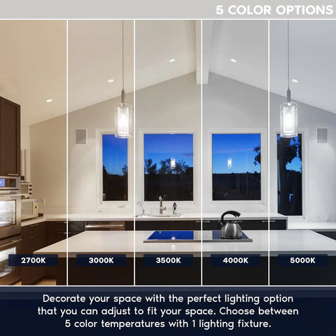 A showcase of 5 color temperature options for the Straight Up Tough 4 Inch LED Recessed Downlights With Integrated J Box.