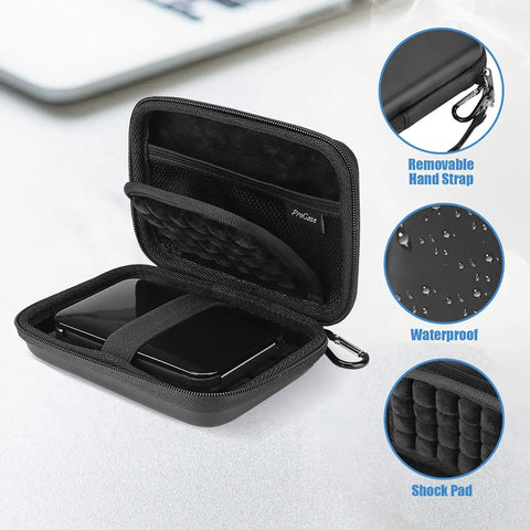 Open black durable 2.5 inch external hard drive case displaying removable strap, waterproof exterior, and shock pad with HDD inside.
