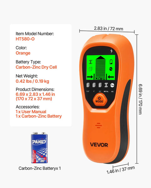 No More Blind Swinging Drill Holes 5in1 Stud Finder Wall Scanner in orange with LCD display and carbon-zinc battery.