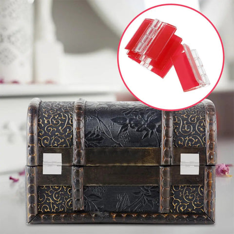 Six Pack Acrylic Self Adhesive Hinges For Cabinets And Wooden Boxes shown on decorative box and in close-up inset