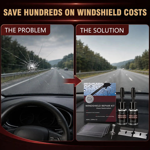 Hella Reliable Nano Glass Repair Fluid Windshield Fix Kit showing cracked windshield and repair kit for fast restoration
