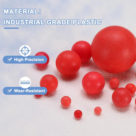 25 Piece Set Polypropylene Bearing Balls 14mm Red Plastic Rollers G2 Precision Frosted Finish with various sizes and wear-resistant features.