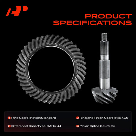 Heavy Duty Rear Differential Ring and Pinion Kit for Jeep Wrangler JK Dana 44 Rear Axle 4.56 Ratio 24 Spline specifications displayed.