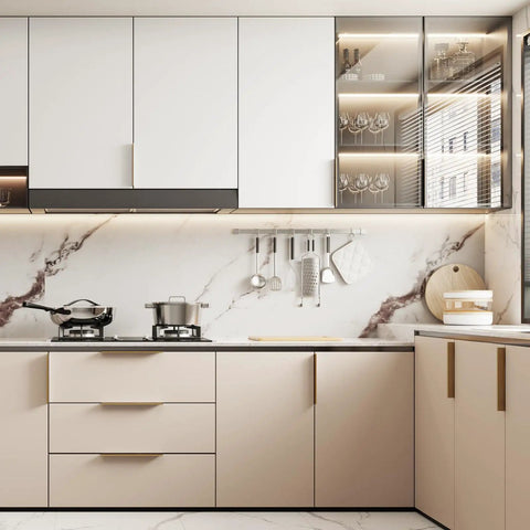 Modern kitchen with Champagne Bronze Cabinet Pulls 3 Inch Finger Pulls For Cabinets 30 Pack Aluminum Alloy Hardware on beige drawers.