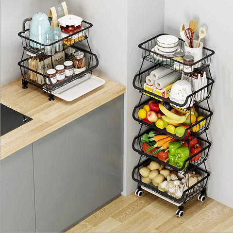 Five Tier Built Tough Metal Wire Rolling Cart Stackable Produce Basket with fruits, veggies, and kitchen items on smooth gliding casters.