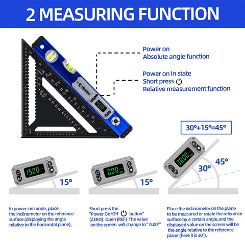 Heavy Duty Aluminum 16 Inch Digital Level With Glowing Cross Bubbles And Smart Light Trigger on a black square frame showing measurement functions.