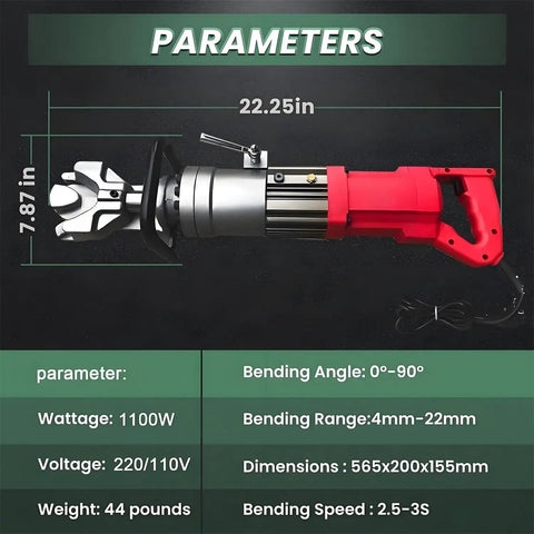 Heavy Duty Electric Hydraulic Rebar Bender With Powerful Piston For Bending Steel Up To 22mm, 22.25in long, 7.87in wide.