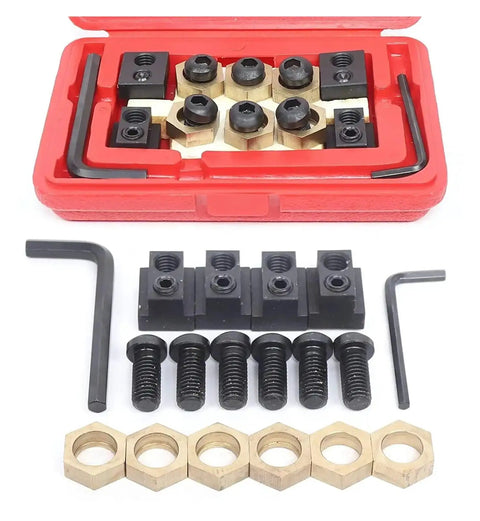 Built Tough CNC Eccentric Clamps Kit for Five Eighths Inch T-Slot, includes bolts, nuts, copper studs, and hex keys in red case.