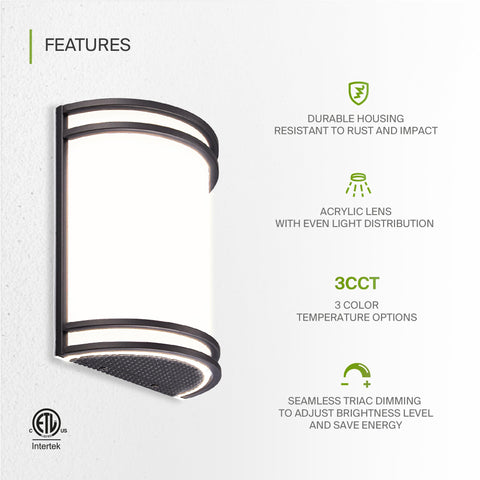 10 Inch LED Wall Sconce Light in Oil Rubbed Bronze, Dimmable and Color Temperature Adjustable 3000K 4000K 5000K, 15W, Modern Indoor Wall Mount for Hallway and Bedroom with 120 Degree Beam, shown with features of durable rust-resistant housing and acrylic lens.