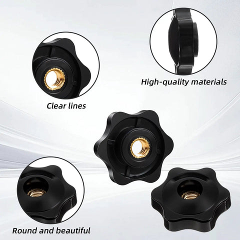 Heavy Duty Quarter Twenty Knobs 20 Pack Black Star Thumb Screws with Grippy Non Slip Handles, showing clear design and brass insert.