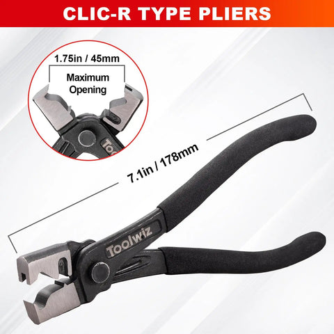Clic-R type hand pliers from Four Piece Radiator Hose Clamp Pliers Set With Long Reach 27 Inch Wire Spring Flat Band Remover And Clic R Type Hand Tools For Automotive cooling Systems, showing 7.1in length and 1.75in opening.