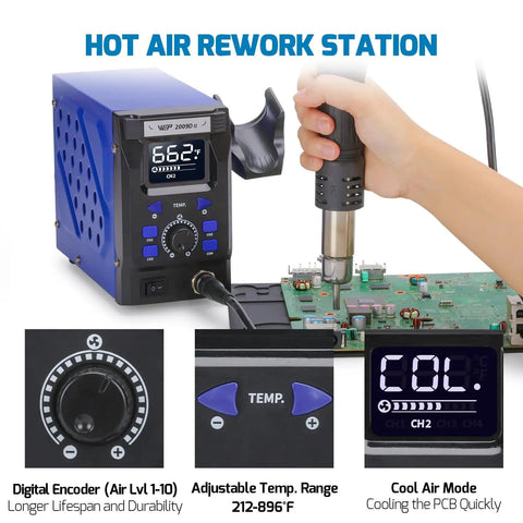 Pro Grade Hot Air Rework Station with Detachable Soldering Gun, 4 Preset Channels, Digital LED Display in use on PCB.