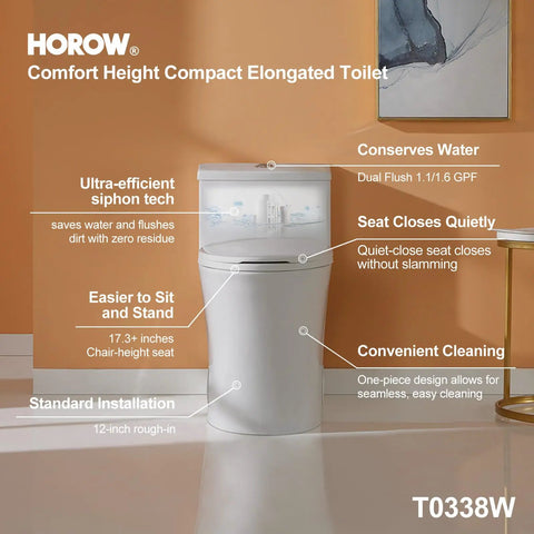Compact One Piece Elongated Toilet With Dual Flush System And ADA Chair Height tailored for cozy bathrooms in a modern setting.