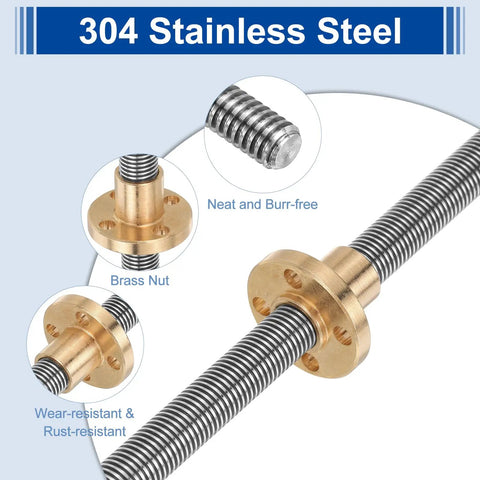 Close-up of 650Mm Tr8X1 Lead Screw with Brass Nut for 3D Printers Dope Upgrade Part, 304 stainless steel bar, featuring neat and burr-free details.