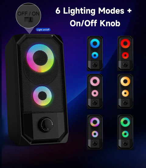 Desktop Computer Speakers Hi Res Stereo Pair With Dual 5W Full Range Drivers USB Powered And 3.5mm AUX Input Volume Knob 6 RGB Light Modes