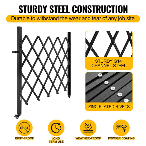 Heavy Duty Steel Frame Folding Security Gate With Smooth Ride Casters And Locks Solid Scissor Shield For Home Or Office Fortify Entrance In Durable Black with sturdy G14 channel steel and zinc-plated rivets.
