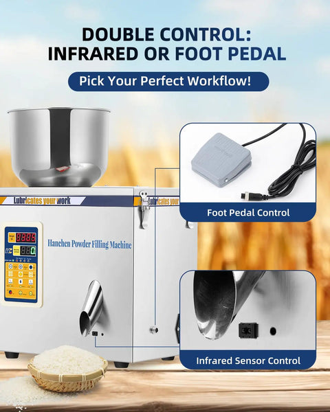 Ditch The Messy Spills With This Dead On Accurate Digital Powder Filler And Auto Granule Dispenser Featuring Plug And Play Foot Pedal Operation For Quick Setup And Fast Bulk Packaging Tasks showing foot pedal and infrared controls.