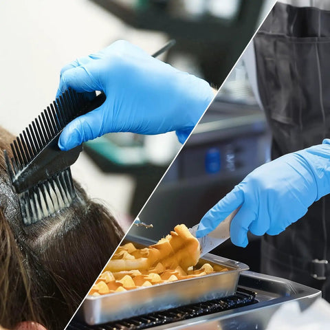 Blue Nitrile Exam Gloves M Size 100 Count Disposable Medical Grade Latex Free For Cleaning Food Prep Cooking And Everyday Hygiene Ideal For Healthcare Home Kitchen And Light Lab Tasks shown in use for hair dyeing and food preparation.