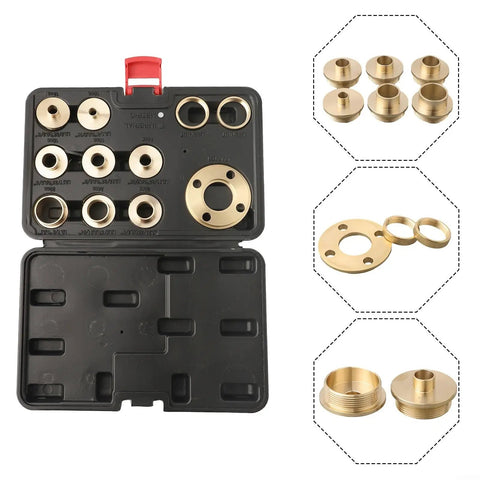 Solid Brass Router Template Guide Kit With 8 Quick Release Bushings And Lock Nuts For Precision Woodworking Projects That Fit Like A Dream And Pay Off in sturdy black case with sections for each piece.