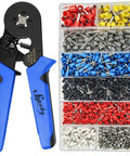 Self Adjusting Ferrule Crimping Tool Kit With 1200 Wire Terminals AWG 28 8 Auto Ratchet Crimper Pro Grade Ferrule Connectors Set For Electrical Wiring 0.08 to 10mm2 Crimping And Terminal Kit showing blue-handled crimper and assorted ferrules in box
