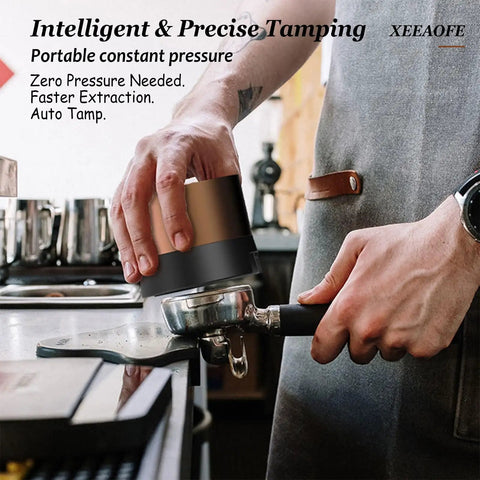 Precision 58mm Espresso Tamper And Leveler Stainless Steel Barista Tool With Adjustable Twist Dial Compact Tamping Handle For Home Coffee Gear being used on a portafilter.