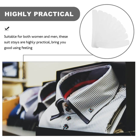 Ten Pack Plastic Collar Stays With White Tips For Mens Dress Shirts And Suits display with folded shirts in background.