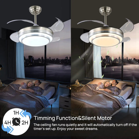 36 Inch Retractable Ceiling Fan With Lights And Remote Control, 6 Speed Reversible Quiet DC Motor, Modern Farmhouse Nickel Finish