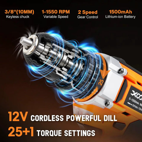 Heavy Duty 12V Cordless Drill from Knockout 313 Piece Ultimate Home Tool Kit showcasing keyless chuck and torque settings.