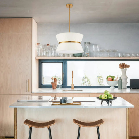 Slick Modern Pendant Chandelier With Off White Fabric Shade And Brass Finish Adjustable Hanging Light for kitchen island.