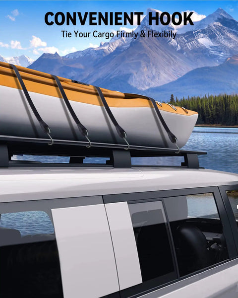 Car roof with kayak secured by Heavy Duty 31 Inch Rubber Bungee Cords Set With 55.8 Inch Stretch And Over 176 Pound Load Capacity