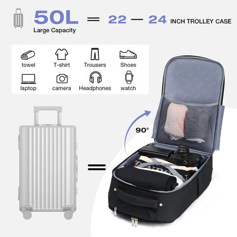 Durable rolling backpack carry-on showcasing 50L capacity with trolley case and open compartments packed with travel essentials.