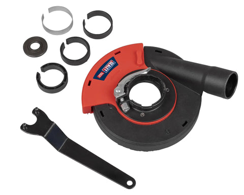Adjustable Angle Grinder Dust Shroud With Swivel Hose Hookup And Slick Edge Guard Fits 115 To 125 Mm tools for silica debris collection and concrete cutting.