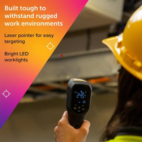 Person using rugged non contact infrared thermometer gun with 24 to 1 spot ratio measures minus 30 C to 650 C easy emissivity settings