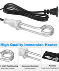 Portable 300W Immersion Water Heater For Coffee Tea Soup 120V 240V Travel Mug Warmer with power cord and travel pouch displayed.