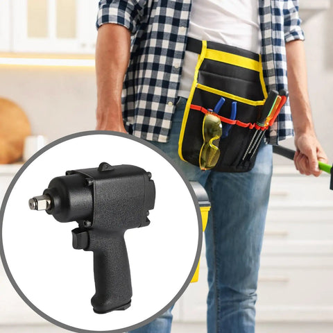 Rugged 1/2 Inch Mini Pneumatic Impact Wrench Crafted From Hefty Aluminum Alloy With Secure Non Slip Handle And Twin Hammer Kick For Garage Grind And Bike Fixes in hand with tool belt.
